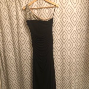 One shoulder, floor length gown